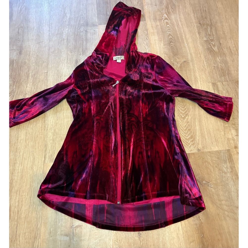 One World‎ Red Purple Velvet Hooded Full Zip 3/4 Sleeve Tunic Top Size S